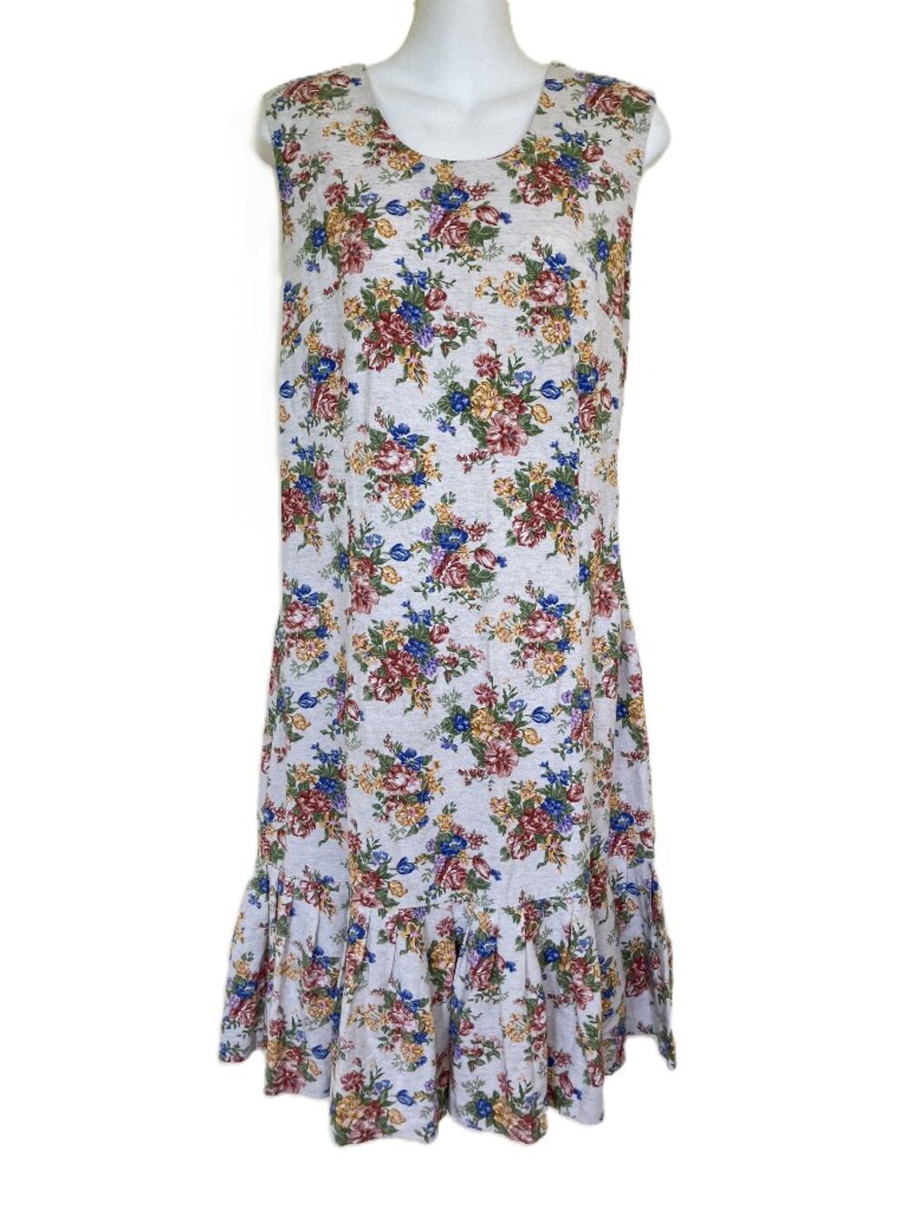 Camillia Linen Blend Sleeveless Dress Floral Print Ruffle Hem Vintage 90s